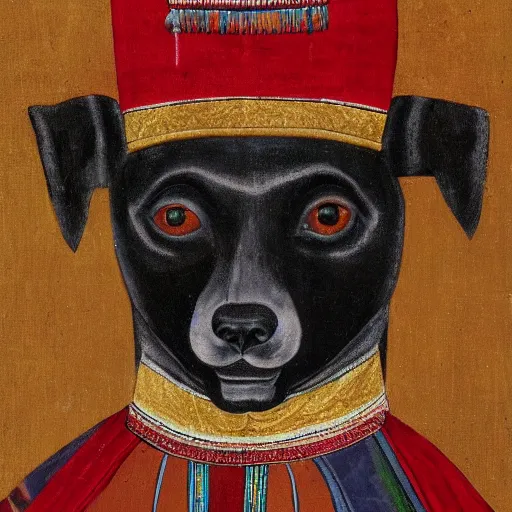 Image similar to portrait of a peruvian hairless dog as incan emperor, incan painting 1 3 0 0