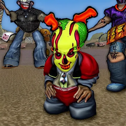 Image similar to Juggalo coneheads, twisted metal ps1 graphics