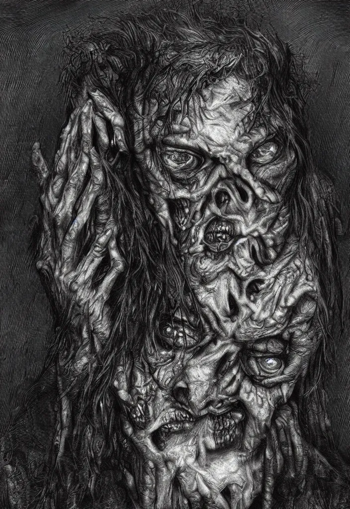 Image similar to extreme closeup portrait of a zombie face made of people, creepy atmosphere, dark, portrait, very realistic, illustration by gustave dore