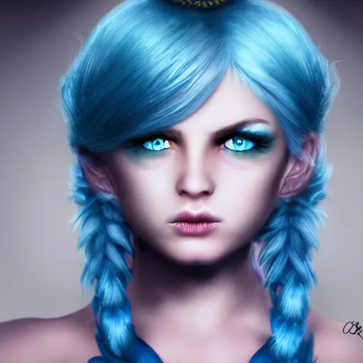 Prompt: portrait of young girl half dragon half human, dragon girl, dragon skin, dragon eyes, dragon crown, blue hair, long hair, highly detailed, cinematic lighting, by Quentin Tarantino
