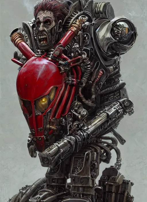 Image similar to portrait of rotten Nicolas Cage as adeptus mechanicus in red hood and robe from Warhammer 40000, mechanical tentacles. Highly detailed, artstation, illustration by and John Blanche and zdislav beksinski and wayne barlowe