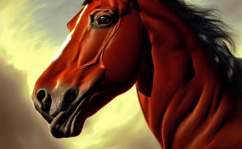 Image similar to a resplendant impressive portrait of a noble horse rearing up. fantasy art, alex ross, heroic lighting, very very very beautiful raytraced rendering