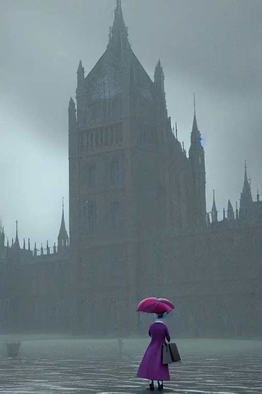 Image similar to Queen Elizabeth getting caught in the rain. Pixar animation, sharp, Rendered in Redshift and Unreal Engine 5 by Greg Rutkowski, Bloom, dramatic moody high contrast lighting, dusk