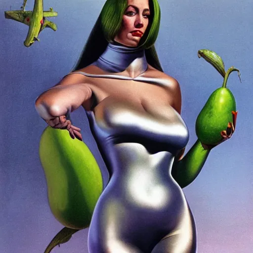 Prompt: beautiful grey alien extraterrestrial species female babe in a tight fitting silver metallic bikini spacesuit, , big pear-shaped head, green skinned, big black almond shaped alien eyes by Mort Kunstler and Gil Elvgren