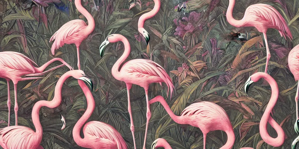 Prompt: breathtaking detailed concept art painting art deco pattern of birds, flamingos, amalmation blend of flowers and birds, by john james audubon, bizarre compositions, exquisite detail, extremely moody lighting, 8 k