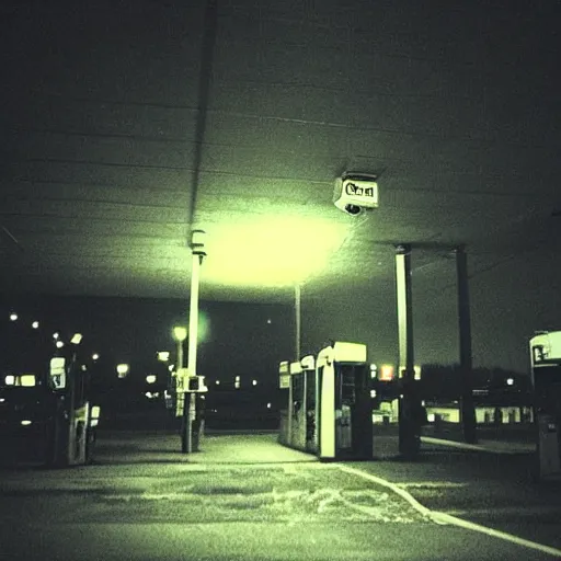 Image similar to insane nightmare, no light, everything is blurred, creepy shadows, petrol station, very poor quality of photography, 2 mpx quality, grainy picture