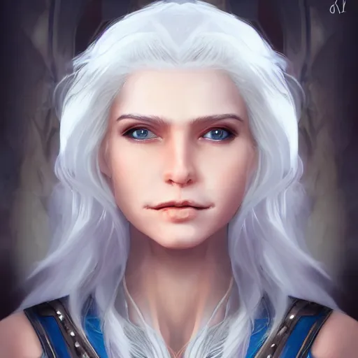 Image similar to fantasy portrait of a female human adventurer with white skin, white hair, white eyes without pupils, slightly - pointed ears, short wavy hair, eyebrow scar, trending on artstation, gentle smile, friendly, glowing, 4 5 angle, warm and welcoming