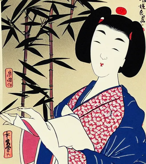 Image similar to madonna the singer in a beautiful kimono holding in her hand a fan, sitting on the floor next to a black and white playing cat, in the background a folding screen with blue irises and a window with bamboo. in the style of bijin - ga.