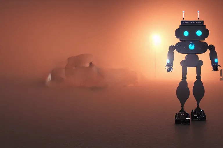 Image similar to a robot made of stop signs, blender render, photograph, mist, 8 k,