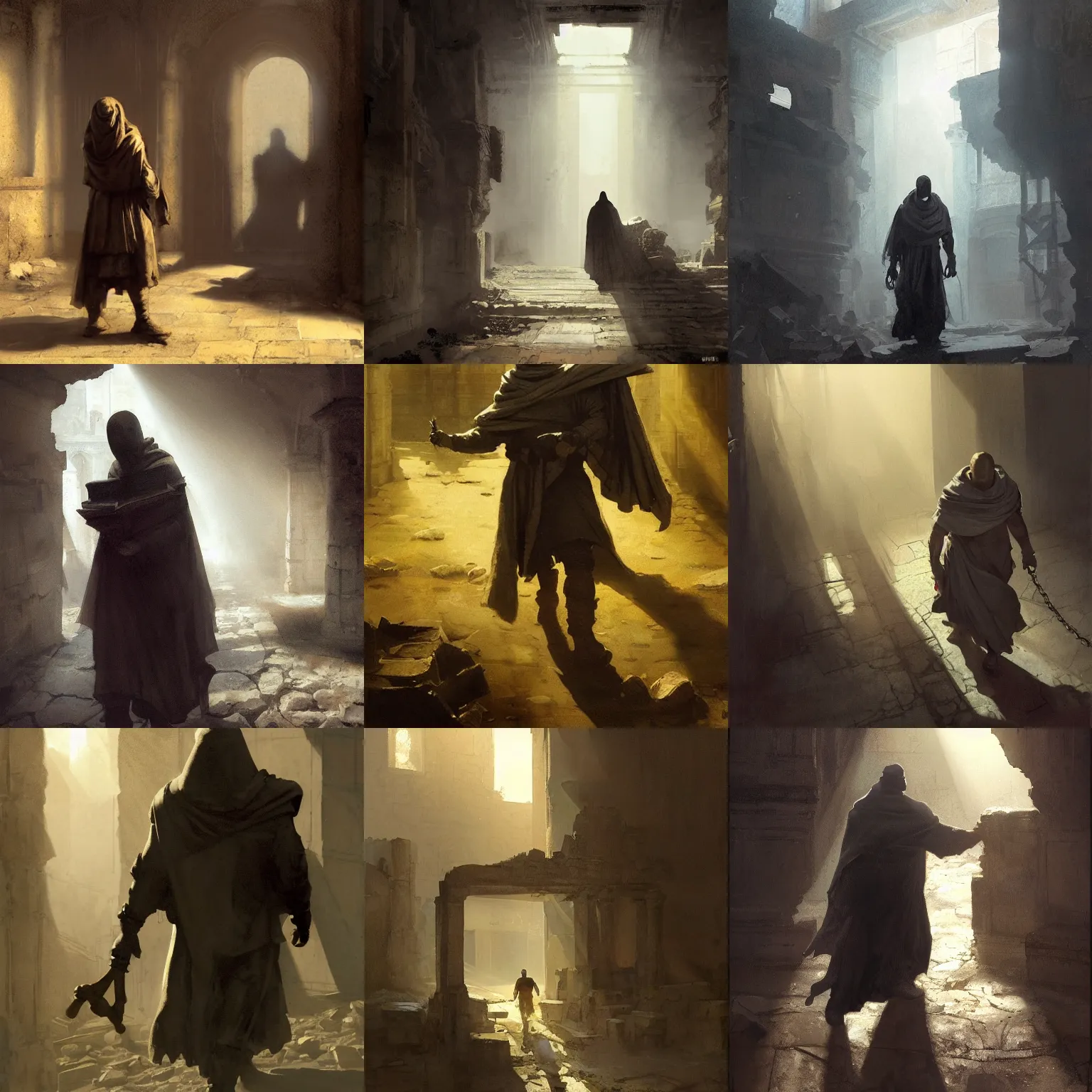 Prompt: portait of cleric wearing a closed cerimonial cowl, big old book chained to the wrist, by jeremy mann, by craig mullins, by caravaggio and mike mignola, face in the shadows, walking between ruins of ancient rome at dusk, mysterious atmosphere, sunrays, high detailed, 8 k