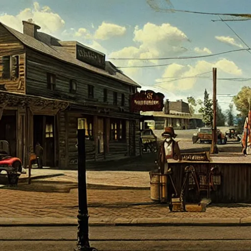 Prompt: from a movie scene, painting of a western saloon exterior on a street in old town, gregory crewdson