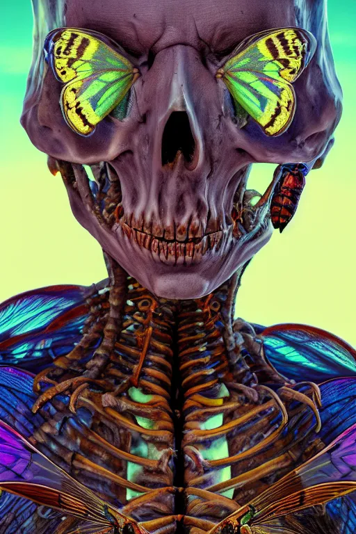 Image similar to a portrait of a skelton with moth wings, highly detailed, digital photo, hdri, by christopher bretz and john carpenter, vivid colors, high contrast, 8 k resolution, intricate, photorealistic, smooth, psychedelic color scheme, concept art, award winning, cg society contest winner