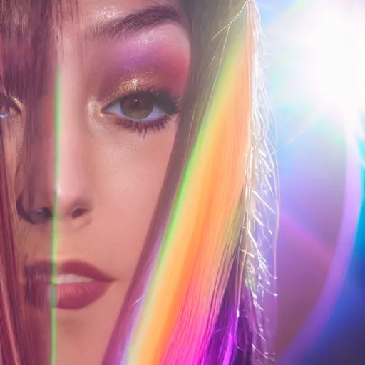 Image similar to goldenhour selfie photo of a stunningly beautiful model with large symmetrical violet eyes and flowing iridescent hair, rainbow light spectrum caustics and shadows cast by the blinds