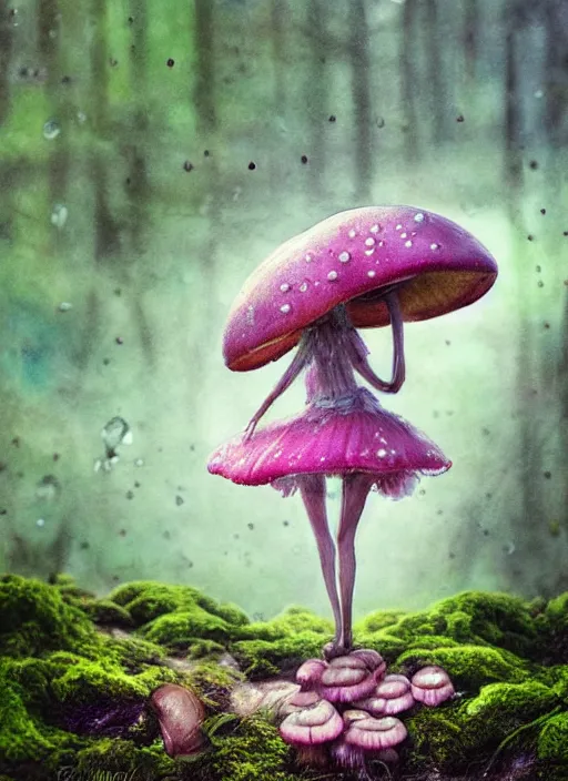 Prompt: A pixy princess with a tattered pink tutu, mushroom umbrella, moss, dewdrops, watercolor, dramatic lighting, cinematic, establishing shot, extremely high detail, foto realistic, cinematic lighting, pen and ink, intricate line drawings, by Yoshitaka Amano, Ruan Jia, Kentaro Miura, Artgerm, post processed, concept art, artstation, matte painting, style by eddie mendoza, raphael lacoste, alex ross,