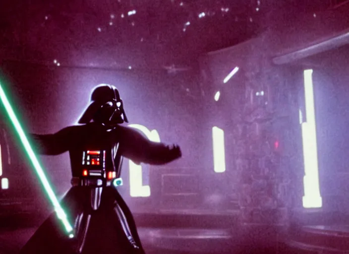 Prompt: film still of Darth Vader dancing at a disco club in Star Wars The Empire Strikes Back,