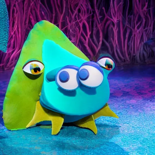 Image similar to an adorable shy nervous manta ray muppet, in the style of the muppets, it is a manta ray character with manta ray arms, designed by spongebob the musical on broadway, real, photograph, cinematic