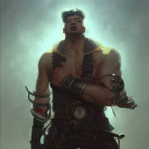 Image similar to character design, steampunk thug, blades and gadgets, backlit, musclebound and hulking, glamor hairstyle, persian, unibrow, male, Studio Ghibli painting concept by Greg Rutkowski