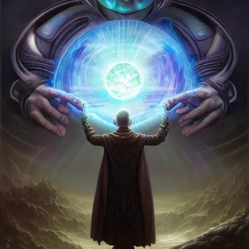 Image similar to the creator of worlds wearing a cloak and holding a holographic planet projection in his hand, detailed, sci - fi, digital painting, artstation, sharp focus, illustration, ominous, artgerm, tomasz alen kopera, peter mohrbacher, donato giancola, joseph christian leyendecker, wlop, frank frazetta