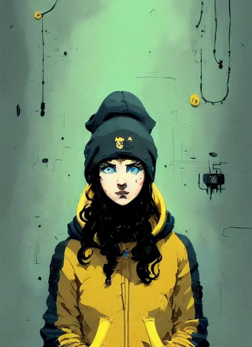 Prompt: highly detailed portrait of a sewerpunk student lady, blue eyes, hoody, beanie hat, black curly hair by atey ghailan, by joe fenton, by greg rutkowski, by greg tocchini, by kaethe butcher, gradient yellow, black, brown and cyan color scheme, grunge aesthetic!!! ( ( dystopian graffiti tag wall background ) )