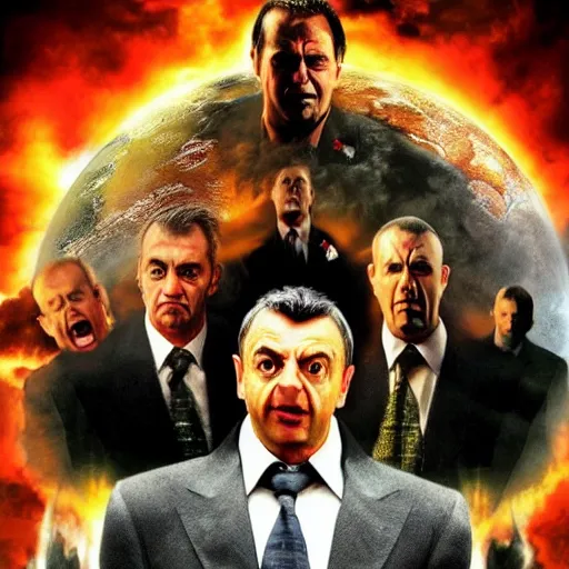 Image similar to armageddon by michael bay movie poster with all characters faces swapped with rowan atkinson, high detail, realistic, 4 k