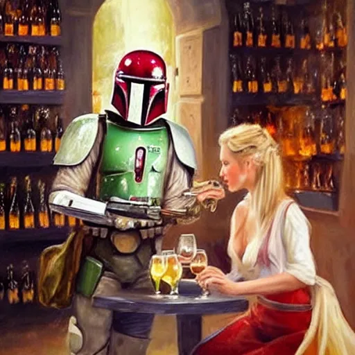 Prompt: Boba Fett and a beautiful young blonde drinking beer in a wine cellar, food, meat, schnapps, torches on the wall, romantic, inviting, cozy, painting by Vladimir Volegov