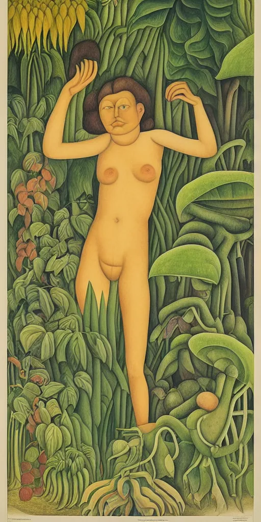 Image similar to 1980 naturist garden movie poster, drawings in part by Diego Rivera, part by Ernst Haekl, text by William S Boroughs, written by Michael Ende