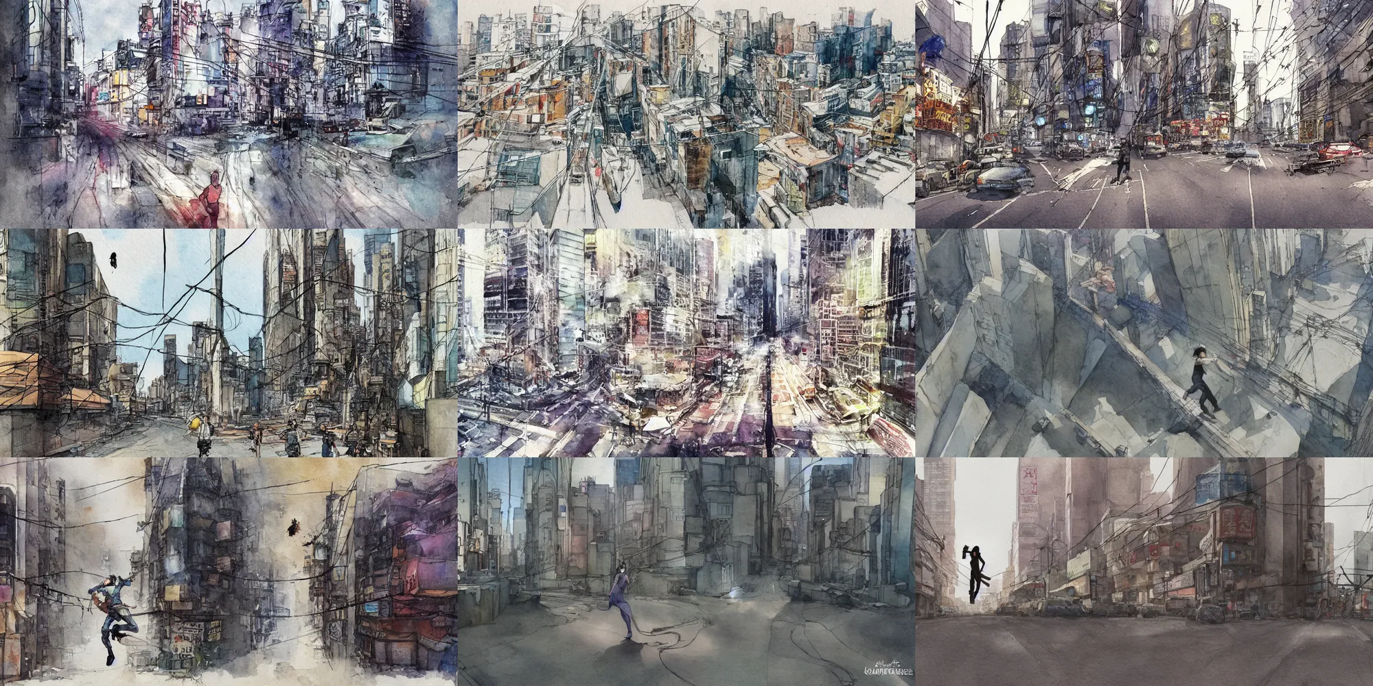 Prompt: incredible curvilinear screenshot,movie scene, jumping from the rooftop, foreshortening, simple watercolor, watercolor paper, watercolor technique, paper texture, ghost in the shell movie scene, bored manga expression, overhead wires, telephone pole, dusty, dry, curvilinear pencil marks, koji morimoto shinjuku, katsuya terada, masamune shirow, tatsuyuki tanaka hd, 4k, remaster, dynamic camera angle, deep 3 point perspective, fish eye, dynamic scene