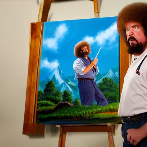 Image similar to a closeup photorealistic photograph of bob ross detailing a canvas painting of kenny powers. film still. brightly lit scene. this 4 k hd image is trending on artstation, featured on behance, well - rendered, extra crisp, features intricate detail, epic composition and the style of unreal engine.