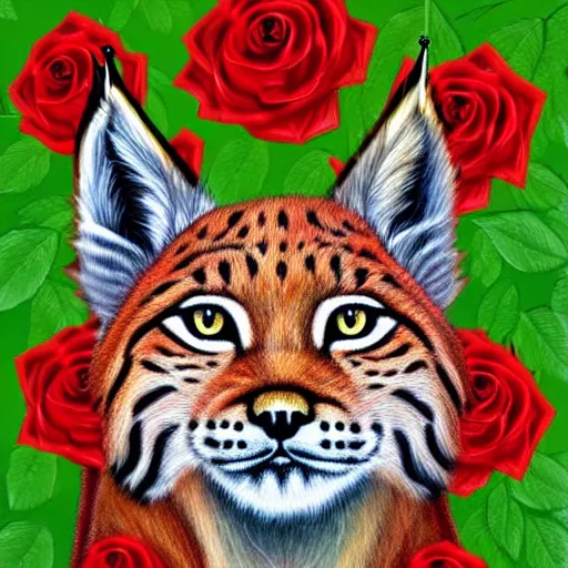 Prompt: lynx wearing a crown!!!! made out of roses and (((((golden leaves))))), a majestic crown!!!!!!, an expressive digital painting, high quality art,