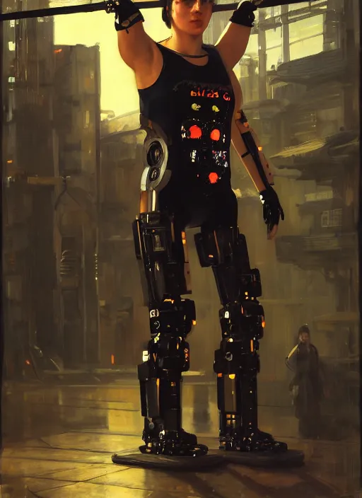 Prompt: cyberpunk olympic weightlifter in jumpsuit with robotic arms ( blade runner 2 0 4 9, cyberpunk 2 0 7 7 ). orientalist portrait by john william waterhouse and james gurney and theodore ralli and nasreddine dinet, oil on canvas. cinematic, hyper realism, realistic proportions, dramatic lighting, high detail 4 k