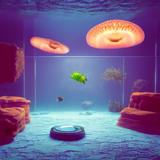 Image similar to the realistic photo of the modern room as aquarium with a big neonic jellyfish and corals, under the ocean, realistic colors, realistic shadows, daylight made in blender, hd, 3 d by beeple and damian hirst