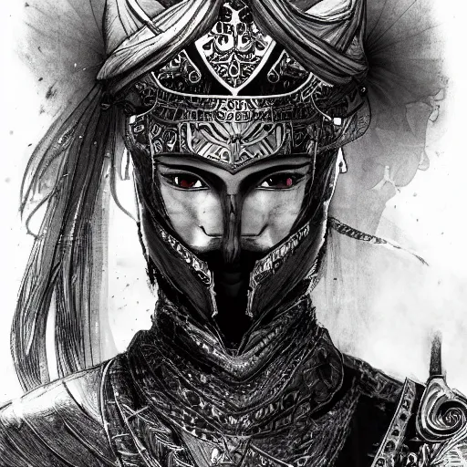 Image similar to an illustration for a new video game, by square enix, about a hero who fights for his nation, the depiction of a very beautiful face, wearing a turban and also a black horse, his clothes are very desert patterned, and also symmetrical, perfect shape, and also very detailed, this illustration is drawn by yoshitaka amano