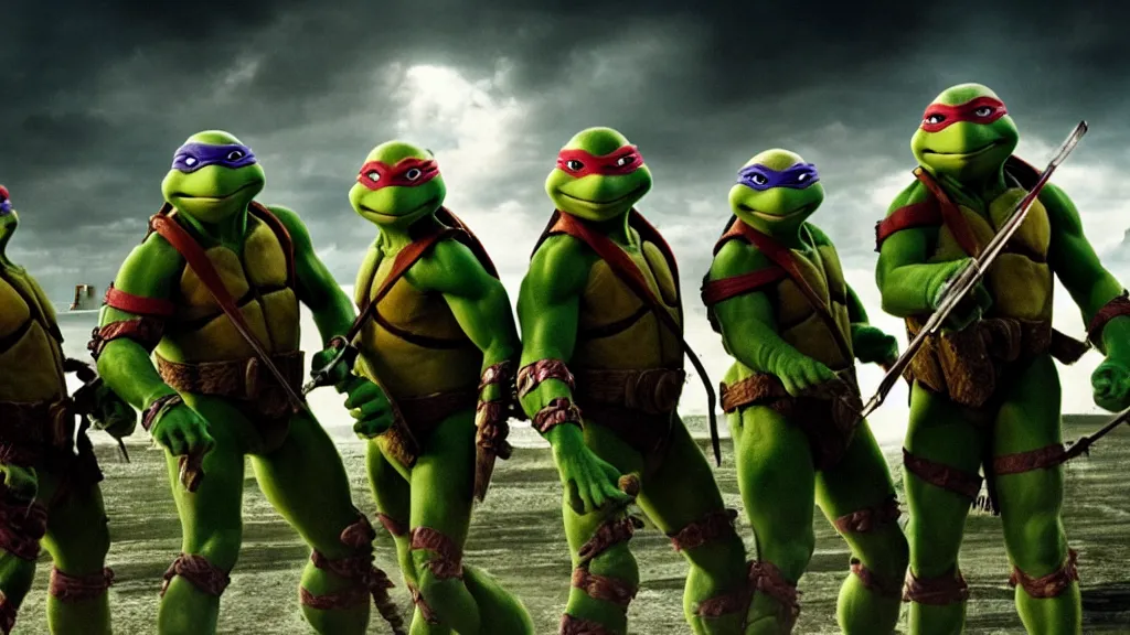 Image similar to Teenage mutant ninja turtles, film still from the movie directed by Denis Villeneuve with art direction by Salvador Dalí, wide lens