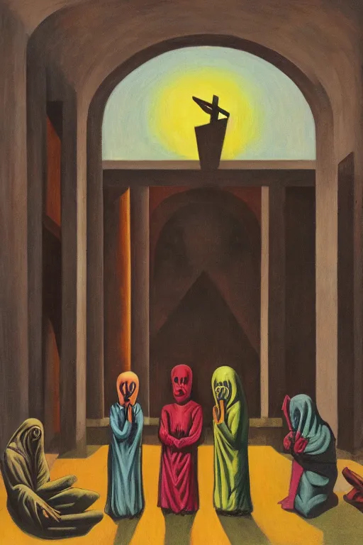 Image similar to fine illustration of five hooded disciples in masks praying to a fascist monument in a brutalist courtyard, lit from below, twilight, lowbrow surrealism, PJ Crook, Edward Hopper oil on canvas