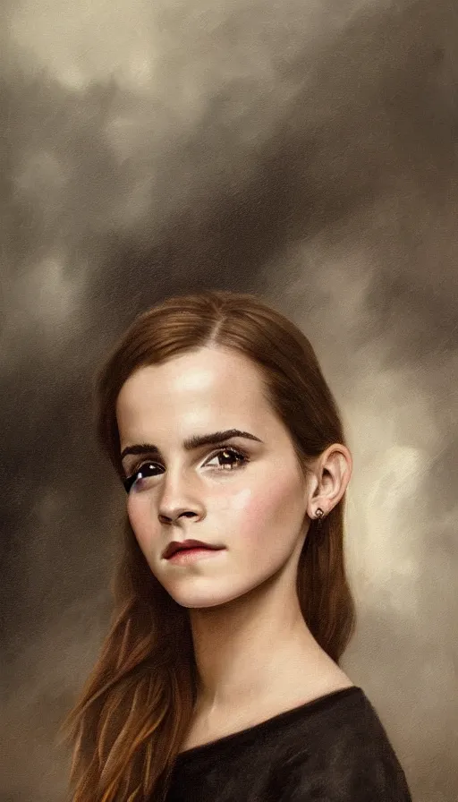 Prompt: a realistic oil painting of Emma Watson, overcast lighting, highly detailed, sharp focus, by Vladimir Borovikovsky