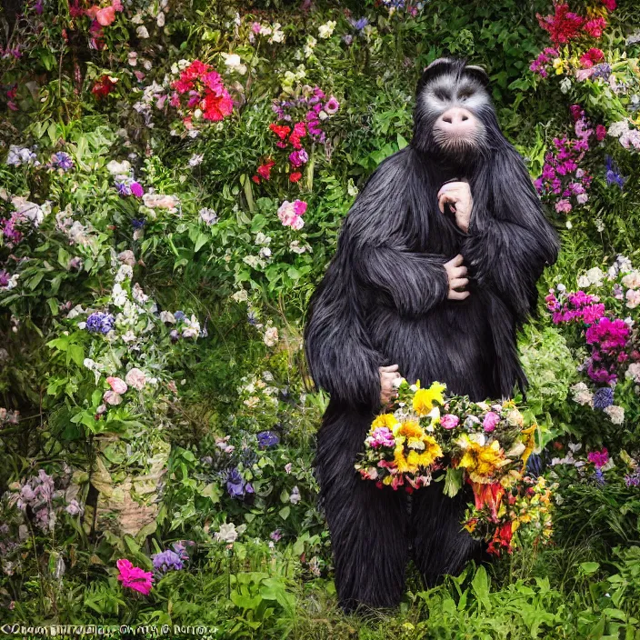 Image similar to a skunk ape Bigfoot wearing a cloak made of flowers, by Omar Z. Robles, CANON Eos C300, ƒ1.8, 35mm, 8K, medium-format print