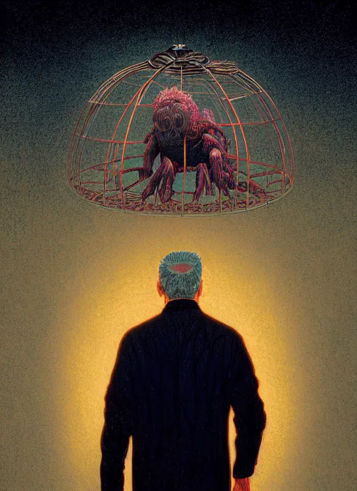 Prompt: Twin Peaks poster artwork by Michael Whelan and Tomer Hanuka, Karol Bak, Rendering of Leo with a cage of tarantulas, from scene from Twin Peaks, clean, full of details, by Makoto Shinkai and thomas kinkade, Matte painting, trending on artstation and unreal engine