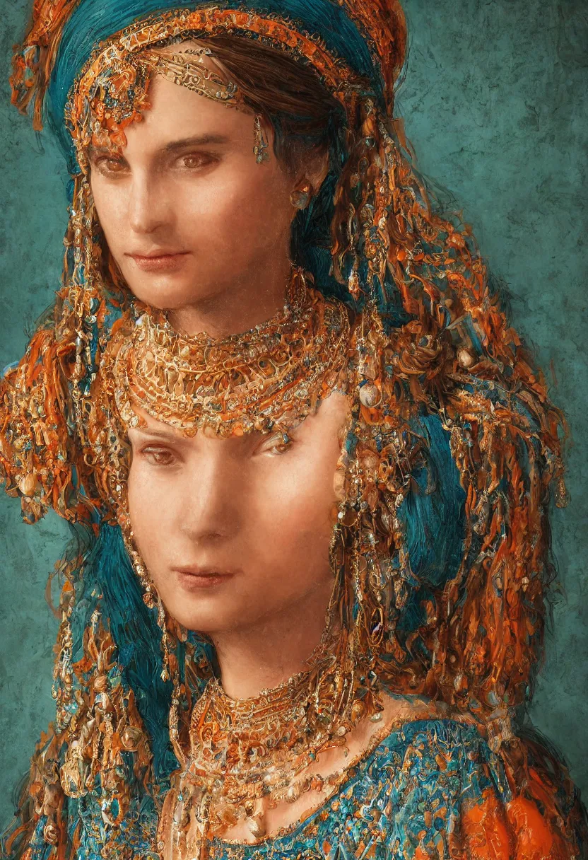 Prompt: a gorgeous digital portrait of a goddess in traditional Armenian attire, with beautiful braided hair, wearing highly detailed pieces of jewelry and ornaments, photorealistic portrait by Da Vinci and Picasso, beautiful face, beautiful portrait lighting, teal and orange colored background with traditional lampstands and furniture, artstation, digital arts, Zbrush, Octane, smooth, 8K