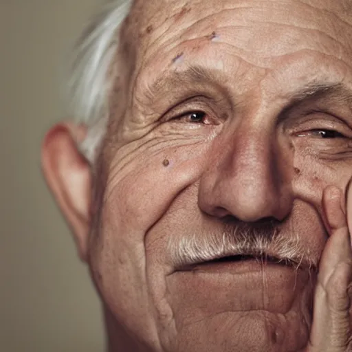 Image similar to portrait of a baby with the face of an old man, old skin, gray hair, gray beard, 8k, photo by annie leibovitz