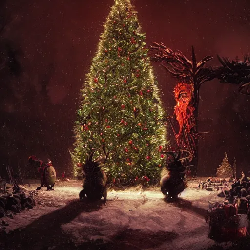 Prompt: a lonely christmas tree surrounded by krampus like monsters, nighttime, dark, surroundings are illuminated by the christmas tree, eerie, in the style of craig mullins