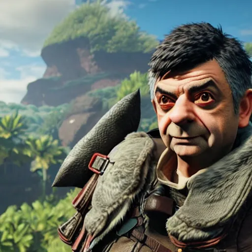 Image similar to rowan atkinson as the main character in monster hunter world, 3 d render, unreal engine, octane render, ray tracing, unity, highly detailed, high quality, hd, 4 k, 8 k, realistic, sharp, trending