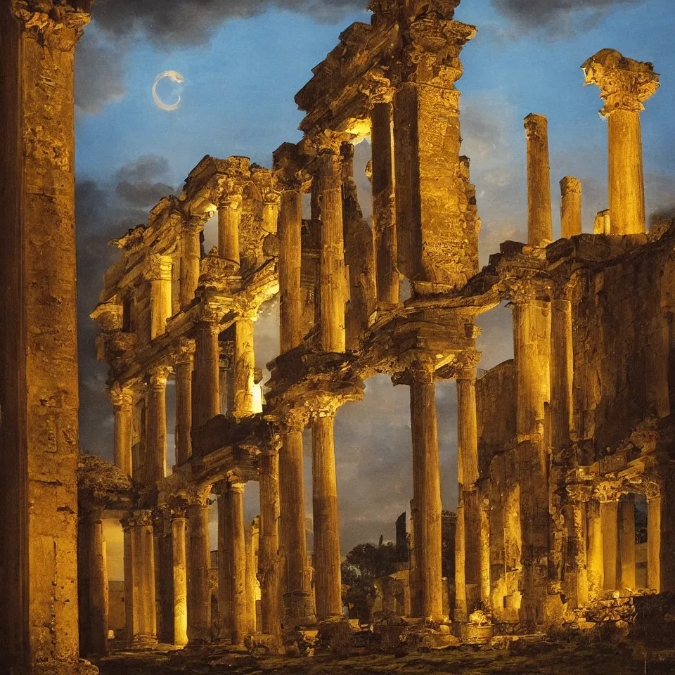 Image similar to Eerie illuminated nighttime Roman ruins, painted by Ippolito Caffi, golden hour, bewitching