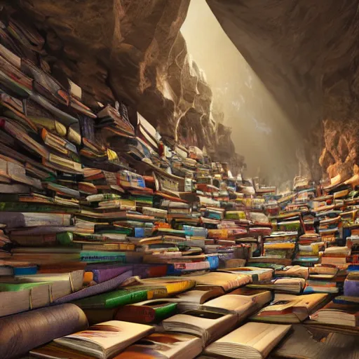 Image similar to cave full of books, 3 d render, incredible details, highly detailed, photorealistic, disney pixar, smooth, octane render, iridescent, 8 k