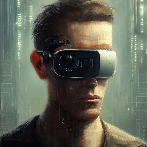 Image similar to Portrait of a man by Greg Rutkowski, symmetrical face, an young man with a VR Heaset covering his eyes, Kubric Stare, cold, twisted and sinister smile, highly detailed portrait, scifi, digital painting, artstation, book cover, cyberpunk, concept art, smooth, sharp foccus ilustration, Artstation HQ