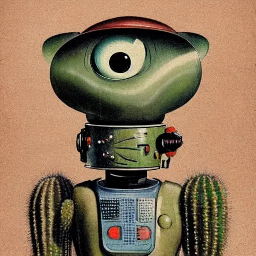 Image similar to medium shot 1 9 5 0 s retro cactus robot, bionic arms and eyes. muted colours. by jean - baptiste monge