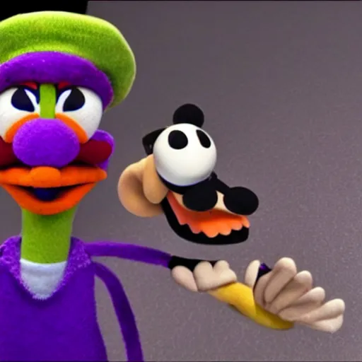 Image similar to A still of Waluigi reimagined as a Muppet, photorealistic