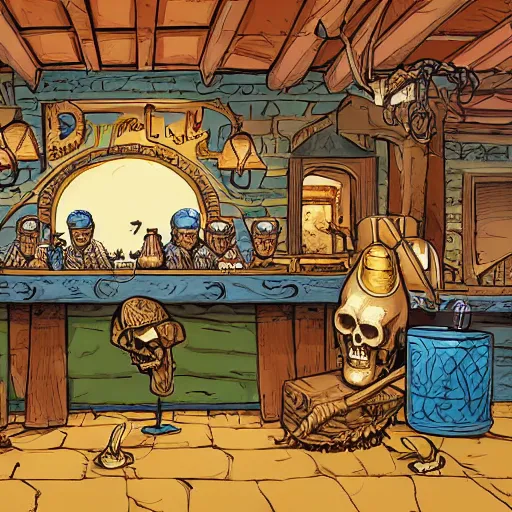 Prompt: precisely drawn illustration of tavern bar with a skull sitting on the counter, wide angle, sharp, fine details, french comic style, vibrant realistic colors, full color, heroic fantasy, intense line art, 8 k, precise linework, realistic, in the style of heavy metal comics and richard corben and moebius