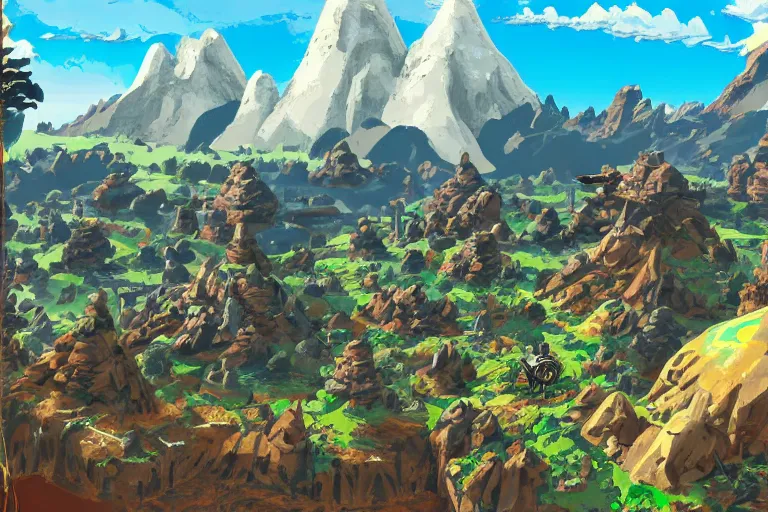 Image similar to detailed death mountain scenery from the legend of zelda breath of the wild, breath of the wild art style.