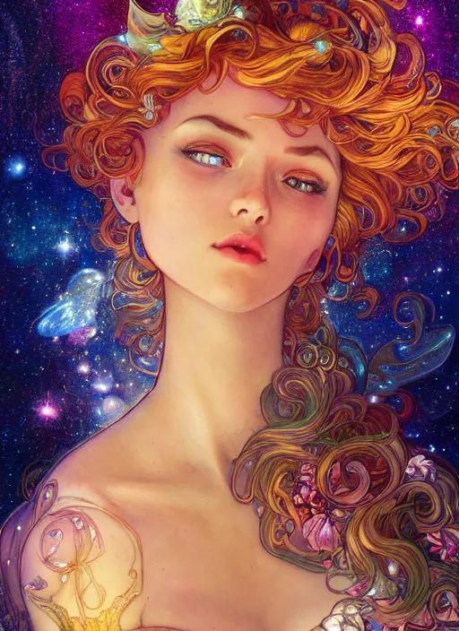 Image similar to Galaxy Goddess, ambient lighting, 4k, josephine wall, alphonse mucha, lois van baarle, ilya kuvshinov, rossdraws, artstation