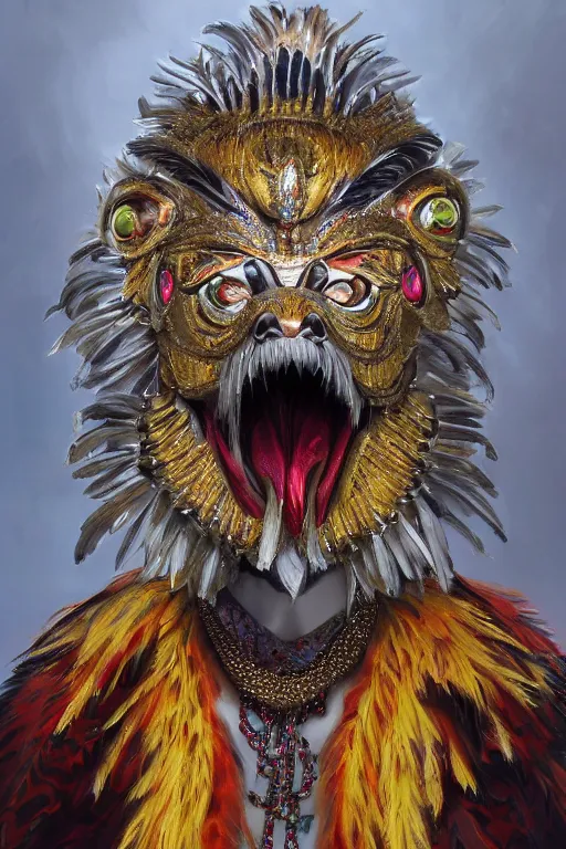 Prompt: masterful fantastic realist painting an exotic ancient feathered and bejeweled bird wearing an exquisite and fiercely painted bugaku mask of a multidimensional tiger, gold chains strung like tinsel, digital painting trending on artstation, viciously blinded, volumetric lighting and mist, cosplay, portrait painting, hyperrealistic, octane render